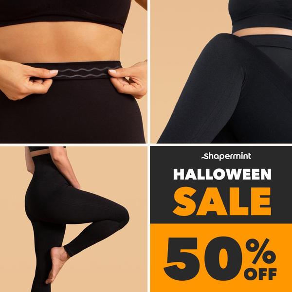 A four-panel grid showing close-ups of leggings material and fit, alongside a bold, high-contrast text overlay for a 50% off holiday promotion.